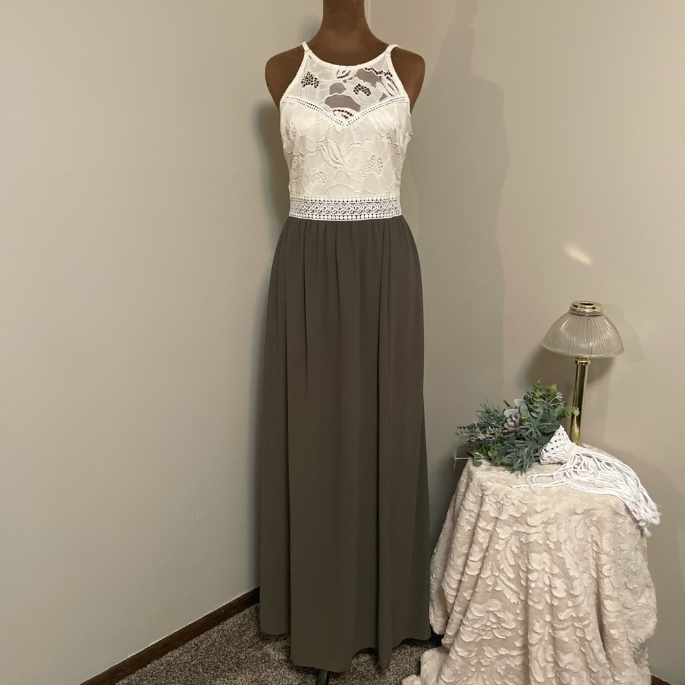 Elegant Cream and Army Green  Lace Maxi Dress